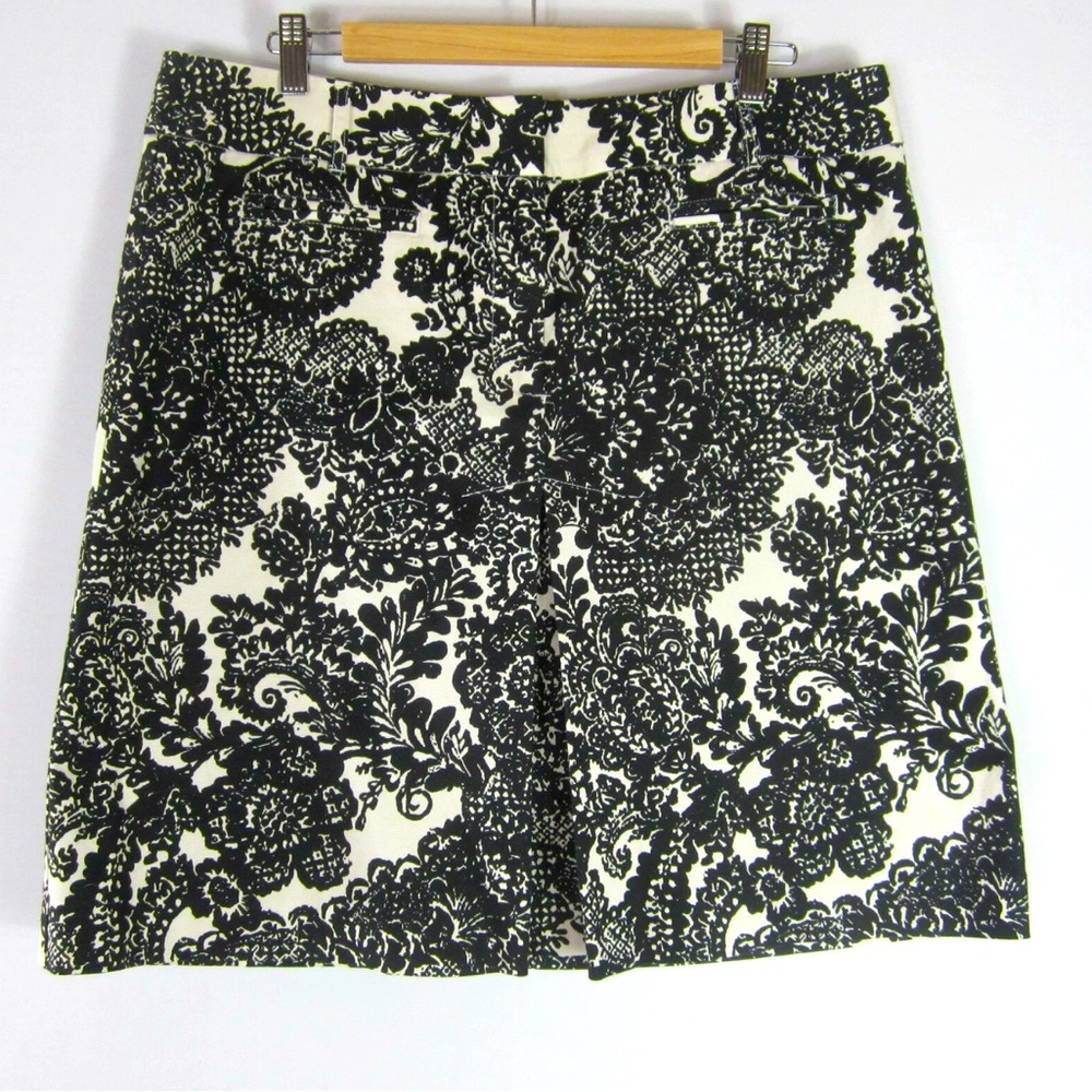 Talbots Womens 14 Black White Damask Cotton Front‎ Pleat Classic Floral Skirt